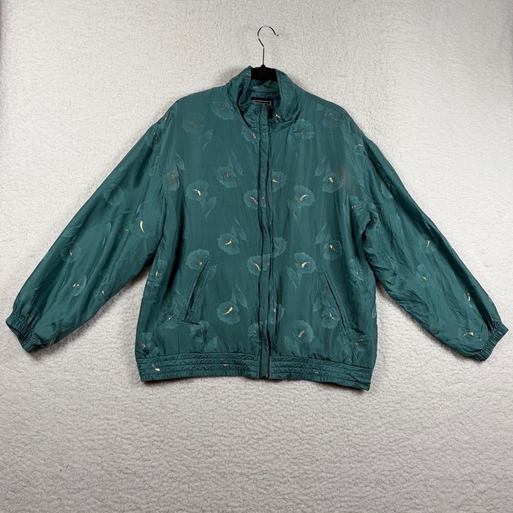 Abvien Vintage 100% Silk Teal Floral Jacquard Bomber Jacket Gold Accents Medium
